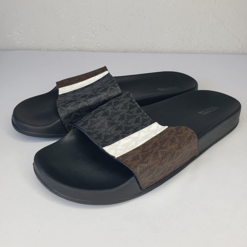 Michael Kors Black Brown Slide Mini Logo Sandals